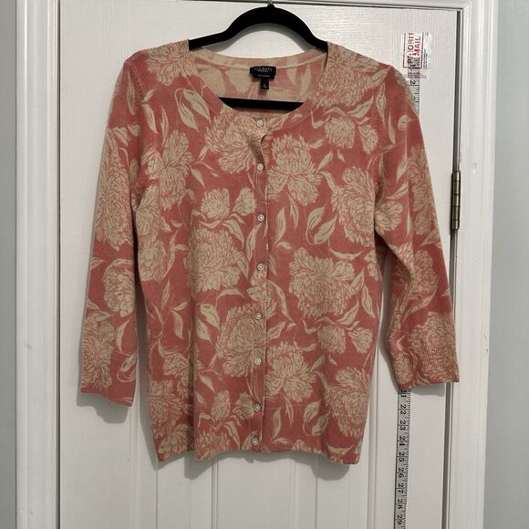 Talbots Petites 100% Cashmere Pink Ivory Floral Cardigan Sweater Size Large - Picture 2 of 9